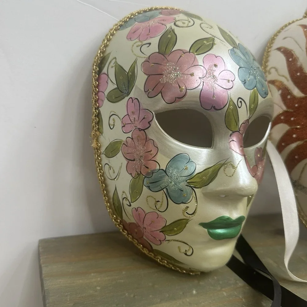 Lot Of 2 Venetian Mardi Gras Mask MASQUERADE CARNIVAL PARTY Floral Hand Painted